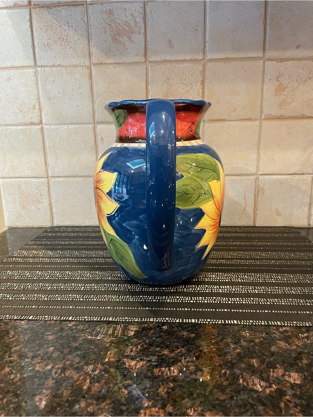 Jay Import Co. Vintage Stoneware Sunflower Pitcher, Cobalt Blue, Large Capacity - Picture 2 of 11
